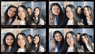A picture collage with four images consisting of four friends, all girls,&nbsp;smiling and standing together. They look to be outside, with a window and trees in the backdrop. One woman gives a thumbs up in two photos, while another smiles.