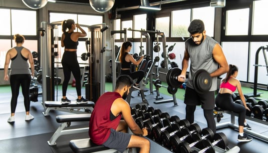 A gym with weights and weight lifting machines and students boys and girls working out
