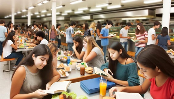 Cafeteria in which students boys and girls Having lunch and chilling and some are books and there is also a canteen for buying food