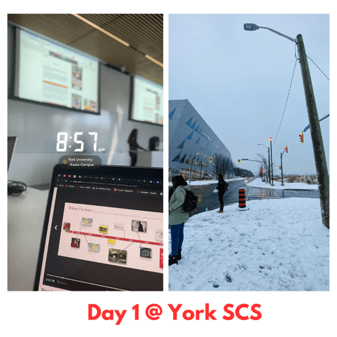 First day at York School of Continuing Studies campus with snow outside; a photo of a laptop showing a 8:57AM timestamp in class.