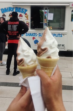 "Two cones of vanilla and chocolate ice cream held in front of an ice cream truck."