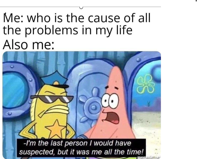 Alt tag: The image is a concise, two-panel meme. It humorously depicts a character’s ironic self-realization of being the root of his problems.&nbsp;