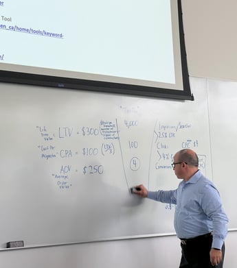 Professor erasing the marketing funnel from the white board in the classroom