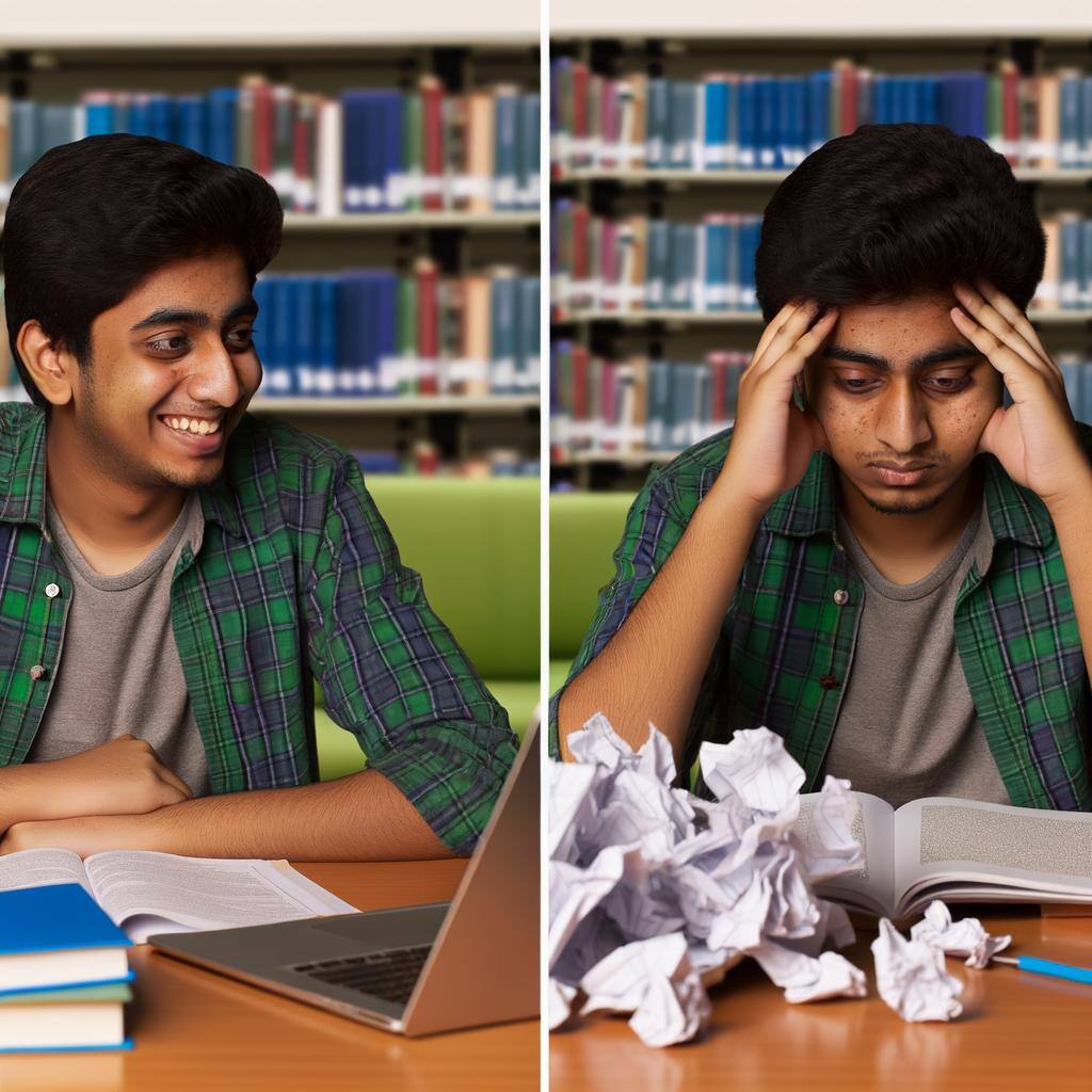 A split image showing two moods of one student, left image showing happiness and right image showing stress while sitting on a desk with books and laptop on it.