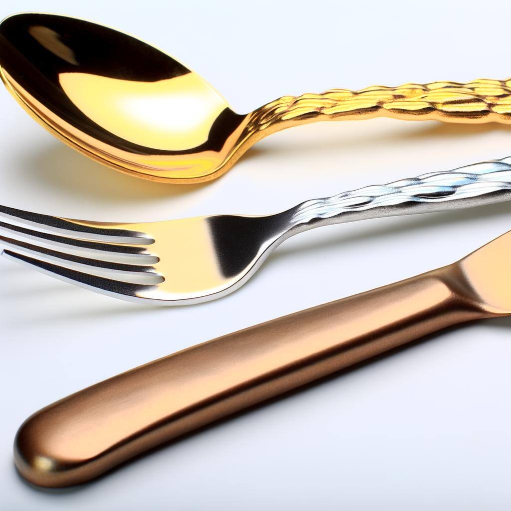 a gold spoon silver fork and bronze knife cutlery set