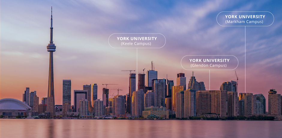 The image is a cityscape of Toronto, showcasing its skyline at dusk with a clear view of the CN Tower and surrounding skyscrapers. The image is labeled with markers indicating the locations of York University's campuses: Keele Campus, Glendon Campus, and Markham Campus. The foreground features a calm waterfront, reflecting the city's buildings. The sky displays a gradient of colors, from orange near the horizon to blue higher up.
