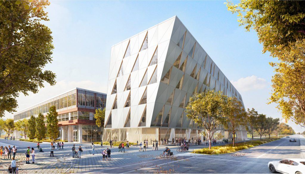 A large building with a triangular design surrounded by people walking in a bustling city environment. A white sports car is parked on the side of the road with a parking meter nearby. A tree adds greenery to the urban setting.
